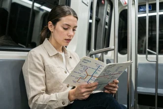 Jeune femme étudiant un plan mémo des stations de la ligne 14 du métro parisien dans une rame moderne