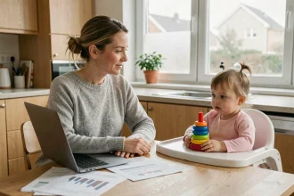 Mère assise à une table en bois avec son ordinateur et des documents financiers, planifiant l'épargne études pour sa petite fille assise dans une chaise haute