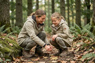 Mère et fille explorant la forêt ensemble, accroupies pour observer la nature au sol lors d'une sortie en plein air