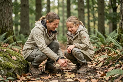 Mère et fille explorant la forêt ensemble, accroupies pour observer la nature au sol lors d'une sortie en plein air