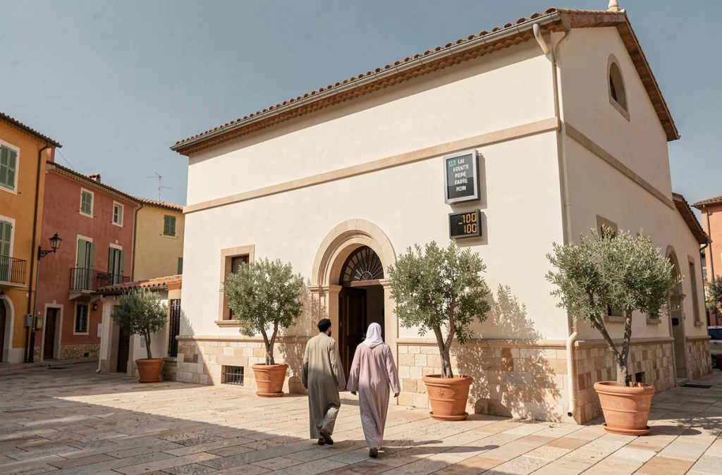 Façade d'une mosquée à Nice avec affichage des horaires de prière et fidèles à l'entrée