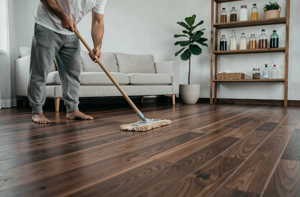 Homme nettoyant un parquet en noyer avec une vadrouille en fibres naturelles dans un salon scandinave