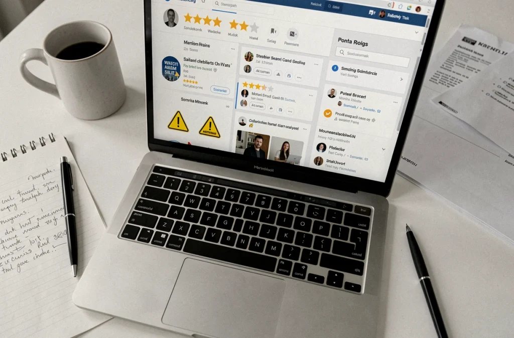 Ordinateur portable affichant des avis et alertes d'arnaque sur une plateforme en ligne, avec des notes manuscrites sur un bureau minimaliste