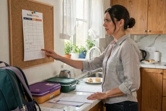 Mère de famille organisant le planning scolaire dans une cuisine moderne en septembre, entourée de cartables et boîtes repas