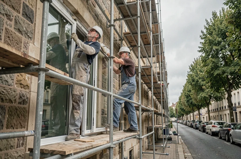Ouvriers posant des fenêtres à double vitrage sur un immeuble en rénovation énergétique à Paris