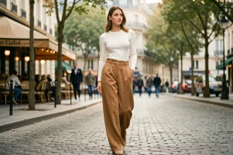 Femme portant un pantalon taille haute en laine camel dans une rue pavée parisienne, style street fashion automne