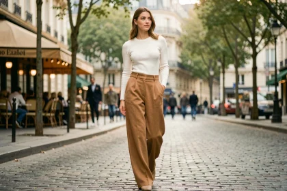 Femme portant un pantalon taille haute en laine camel dans une rue pavée parisienne, style street fashion automne