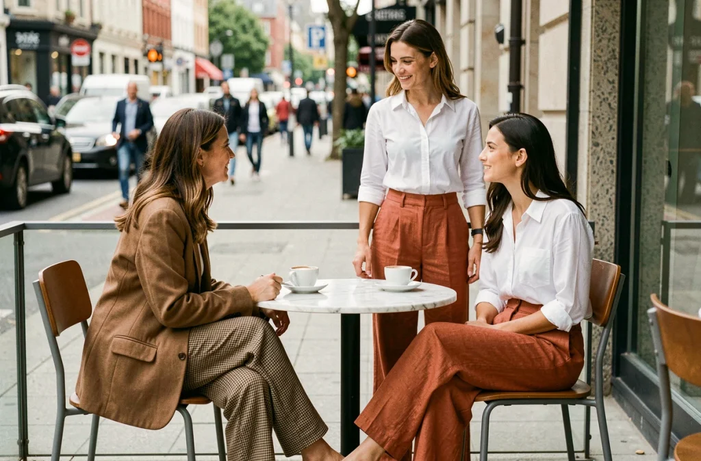 Deux femmes portant des pantalons taille haute tendance en terrasse de café, look mode street style contemporain
