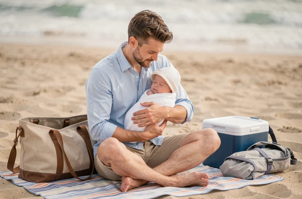 Père tenant son bébé endormi sur une plage de sable lors des premières vacances en famille au bord de la mer