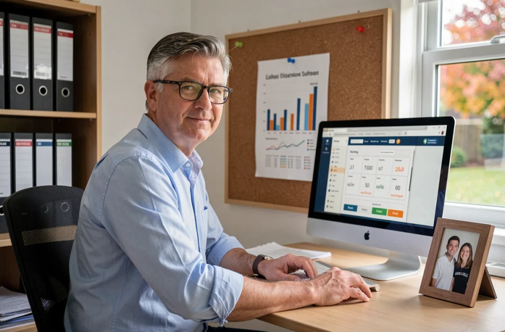 Père dans son bureau à domicile consultant un calculateur d'épargne en ligne pour financer les études futures de ses enfants adolescents
