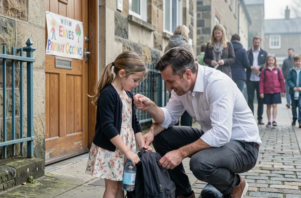 Père accompagnant sa fille à l'entrée de l'école primaire lors de la rentrée scolaire de septembre en milieu urbain