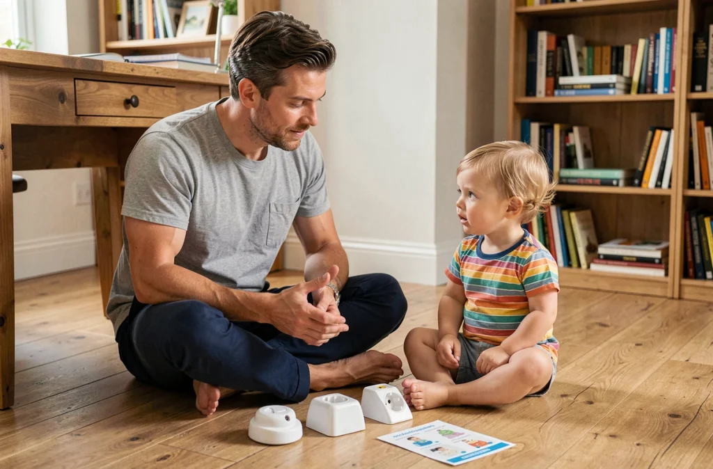 Père et enfant en bas âge examinant des accessoires de sécurité pour prises électriques à la maison