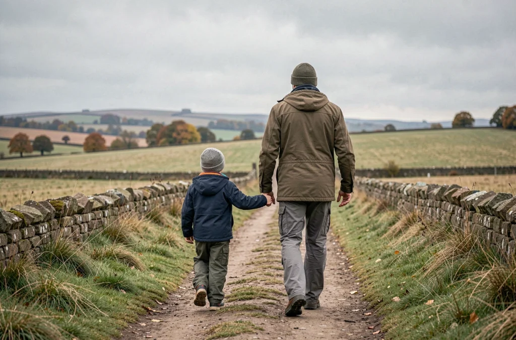 Père et fils marchant main dans la main sur un sentier de campagne lors d'une promenade en pleine nature à l'automne