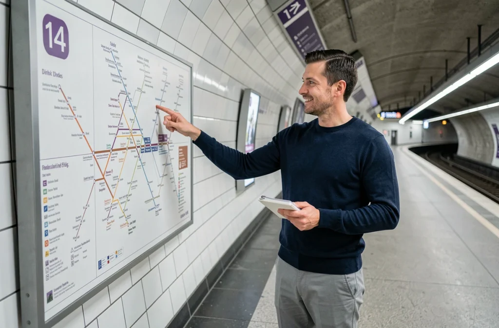 Homme consultant le plan officiel de la ligne 14 sur le quai d'une station de métro parisienne moderne
