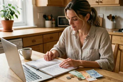 Femme planifiant son budget vacances avec un carnet et un ordinateur portable sur une table en bois