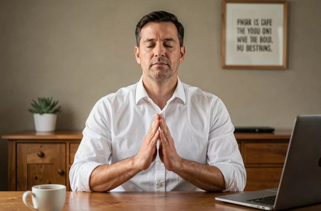 Homme d'affaires pratiquant la pleine conscience à son bureau pour lutter contre le stress professionnel