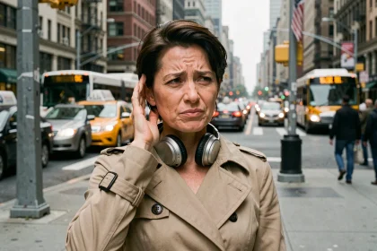 Femme en ville se protégeant les oreilles du bruit de la circulation urbaine