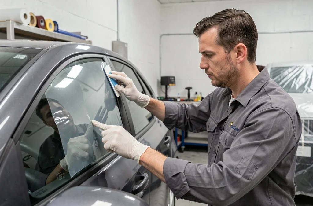 Technicien automobile posant un film de vitrage teinté sur la vitre d'une voiture dans un atelier de pose professionnel