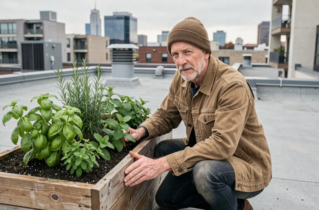 Homme entretenant un bac d'herbes aromatiques sur le toit-terrasse d'un immeuble urbain avec vue sur les toits de la ville