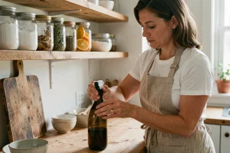 Femme préparant un nettoyant ménager écologique au vinaigre blanc dans une cuisine artisanale