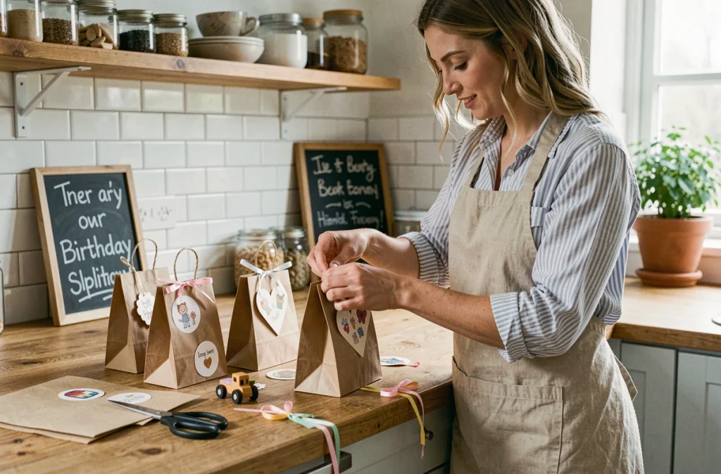 Maman préparant des sachets cadeaux personnalisés pour un anniversaire d'enfant dans une cuisine conviviale