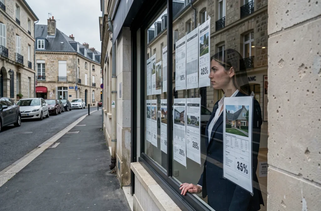 Femme primo-accédante devant une vitrine d'agence immobilière consultant les annonces de biens à vendre en France