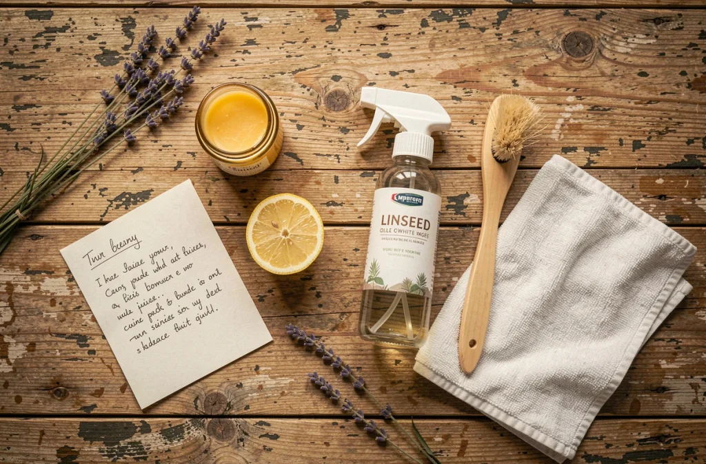Produits naturels pour l'entretien du parquet : cire d'abeille, huile de lin, vinaigre blanc et citron