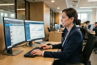 Professionnelle RH analysant des tableaux de bord d'intelligence artificielle pour la gestion des ressources humaines dans un bureau moderne