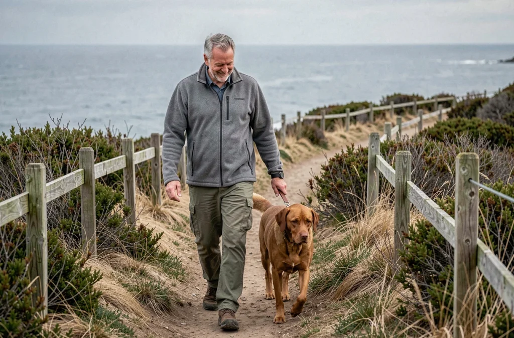 Homme promenant son chien sur un sentier côtier, bienfaits de la marche sur le bien-être mental