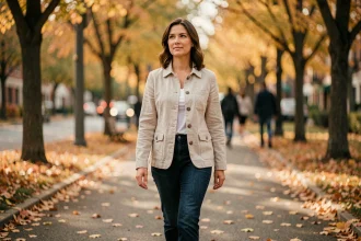Femme se promenant seule dans un parc en automne pour améliorer sa santé mentale