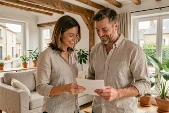 Couple de propriétaires examinant un contrat de location meublée saisonnière dans leur appartement décoré avec goût