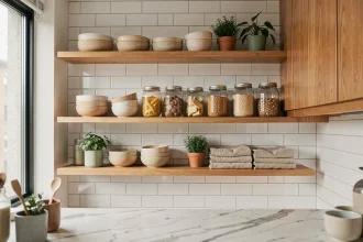 Étagères en bois bien organisées dans une petite cuisine d'appartement avec bocaux en verre et vaisselle empilée