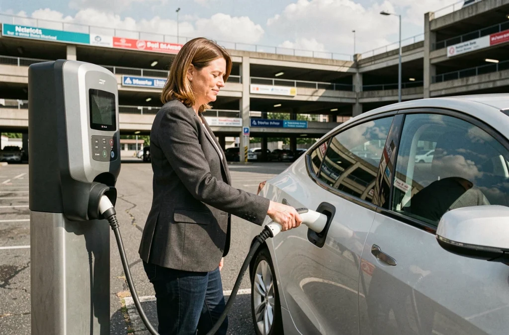 Femme branchant un câble de recharge sur une voiture électrique dans un parking urbain, symbolisant l'adoption croissante des véhicules électriques au quotidien