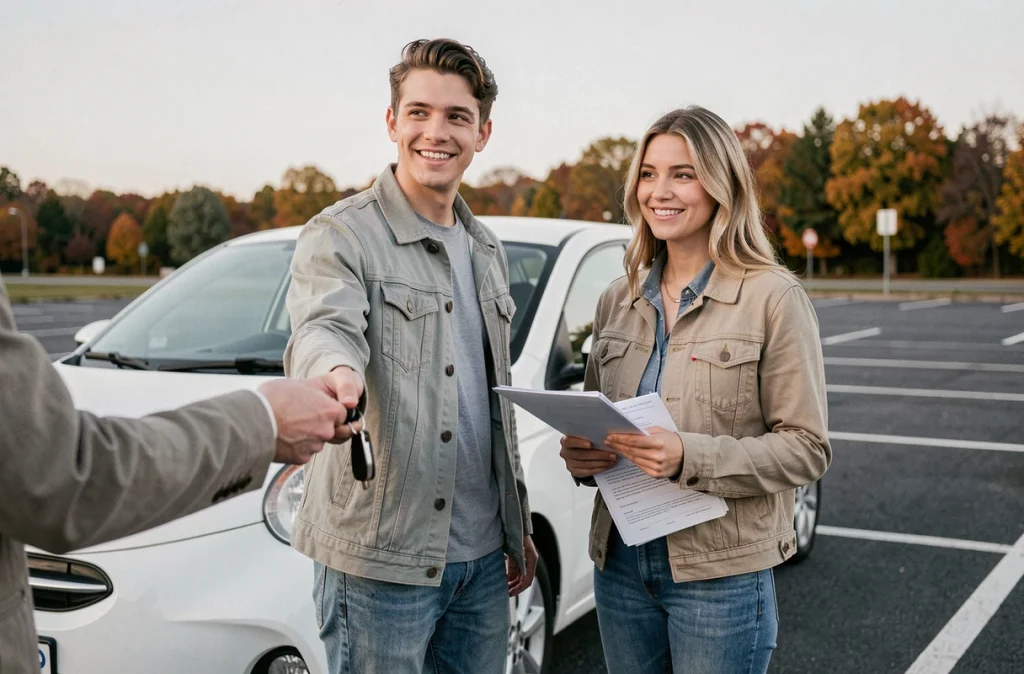 Couple remettant les clés d'une voiture d'occasion lors d'une transaction de revente en extérieur