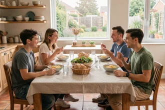 Famille réunie autour d'une grande table en bois pour un repas convivial, avec deux adolescents et leurs parents partageant un moment de discussion animée dans une cuisine moderne