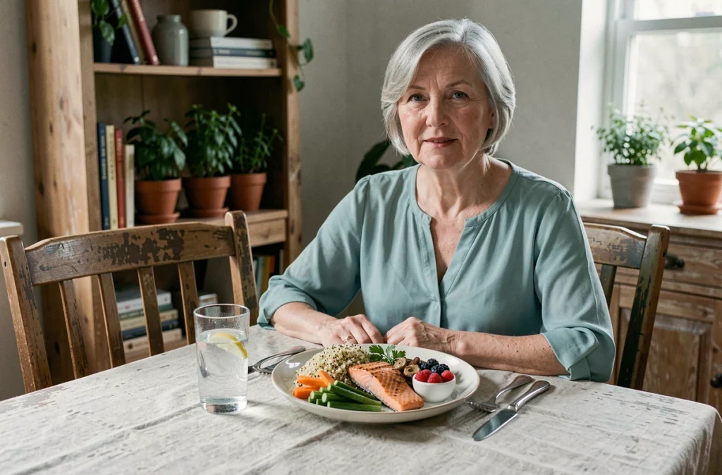 Femme senior dégustant un repas équilibré riche en protéines et légumes pour contrôler la glycémie et réduire le diabète de type 2