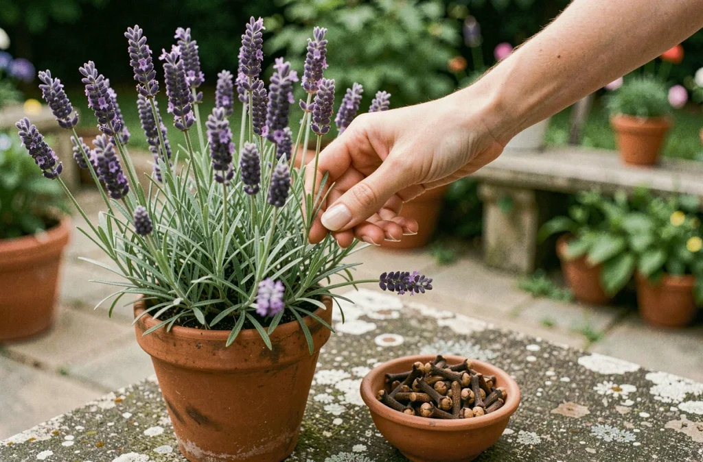 Plantes de lavande et clous de girofle disposés sur une table en pierre comme répulsifs naturels anti-moustiques
