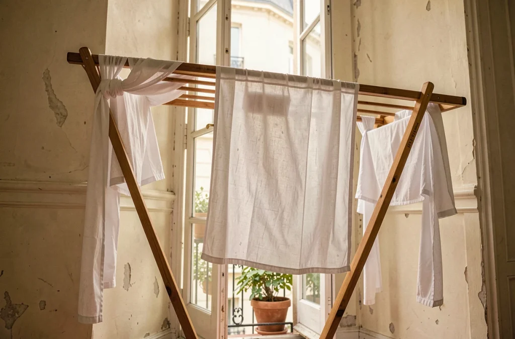Rideaux en coton blanc fraîchement lavés suspendus à sécher sur un étendoir en bois près d'un balcon