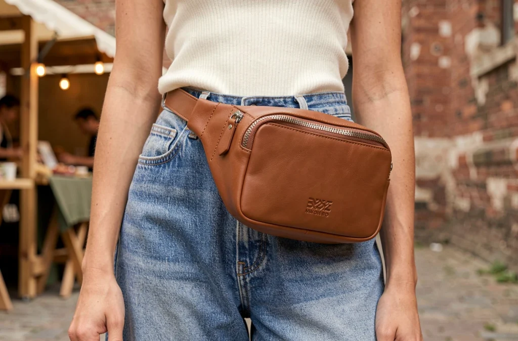 Sac banane en cuir cognac porté à la taille sur un jean large et un top en maille ivoire dans un marché urbain