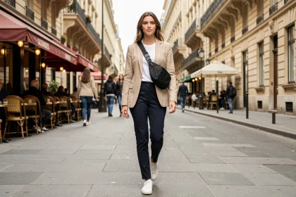Jeune femme portant un sac banane noir en bandoulière sur une tenue urbaine élégante dans une rue parisienne