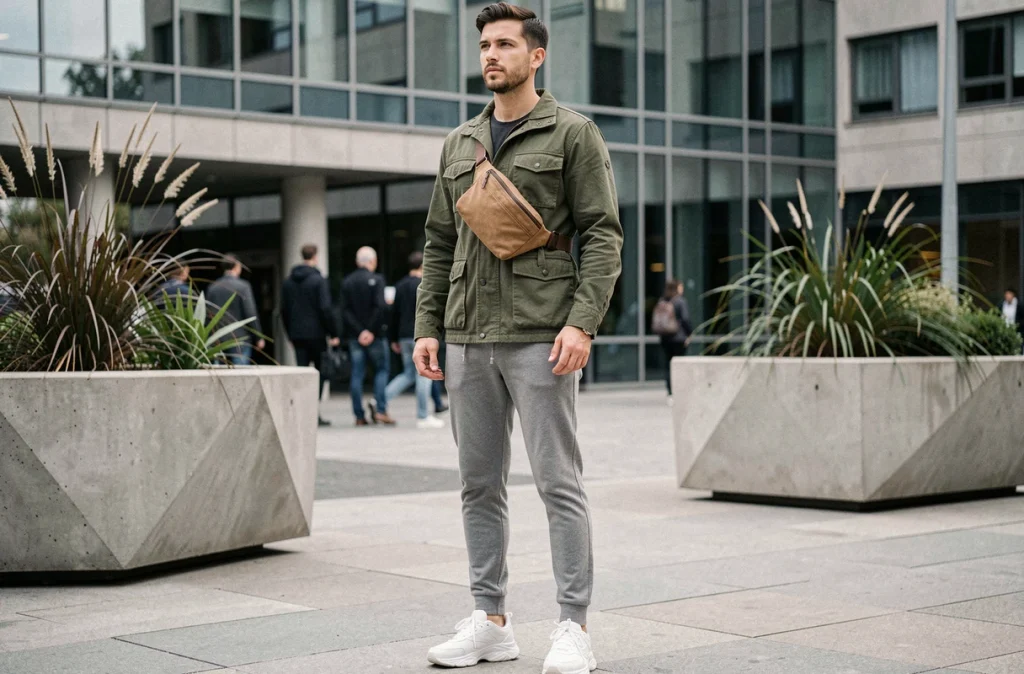 Homme en veste utilitaire olive portant un sac banane beige autour de la taille dans une place urbaine moderne