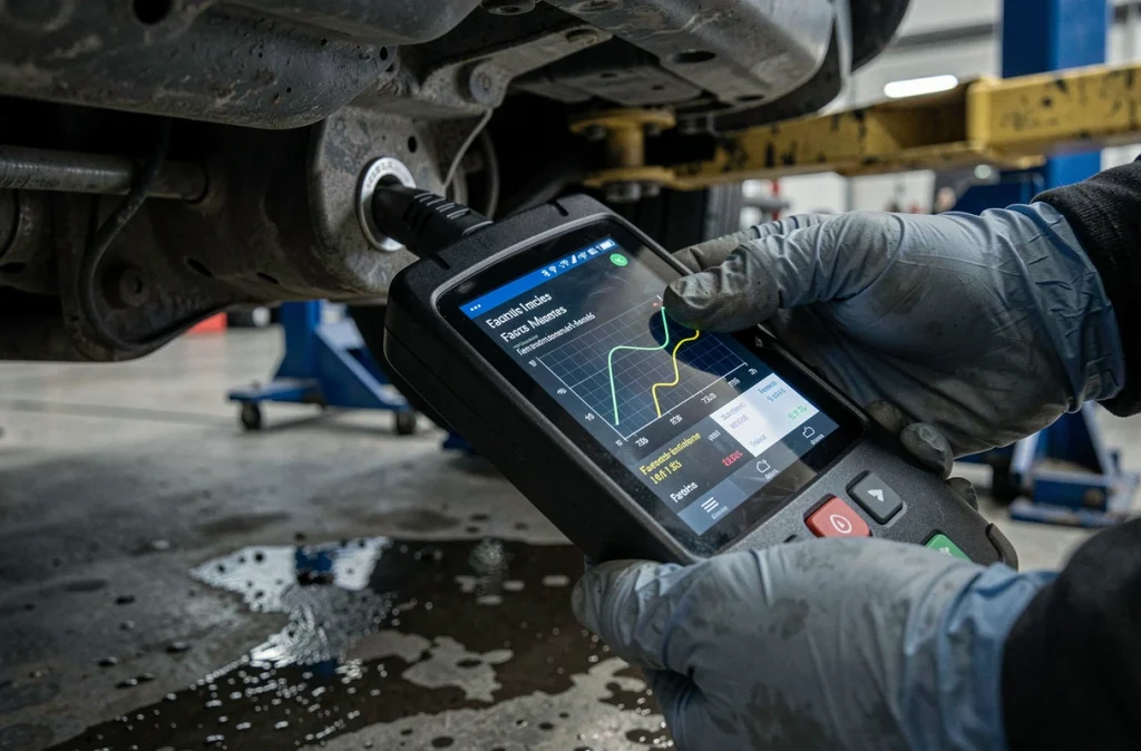 Gros plan sur un scanner de diagnostic OBD2 connecté à un véhicule lors d'un contrôle des émissions polluantes en atelier