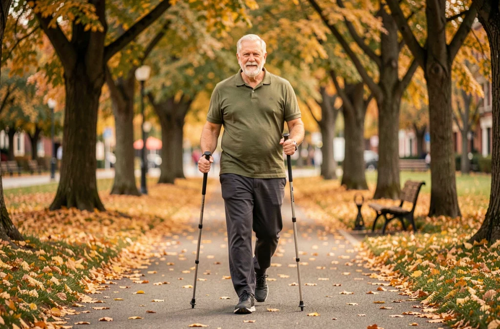 Senior homme marchant avec des bâtons de Nordic walking dans un parc en automne pour améliorer son autonomie physique