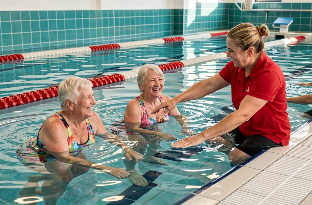 Groupe de seniors en séance d'aquagym dans une piscine intérieure encadrés par une instructrice pour renforcer leur mobilité