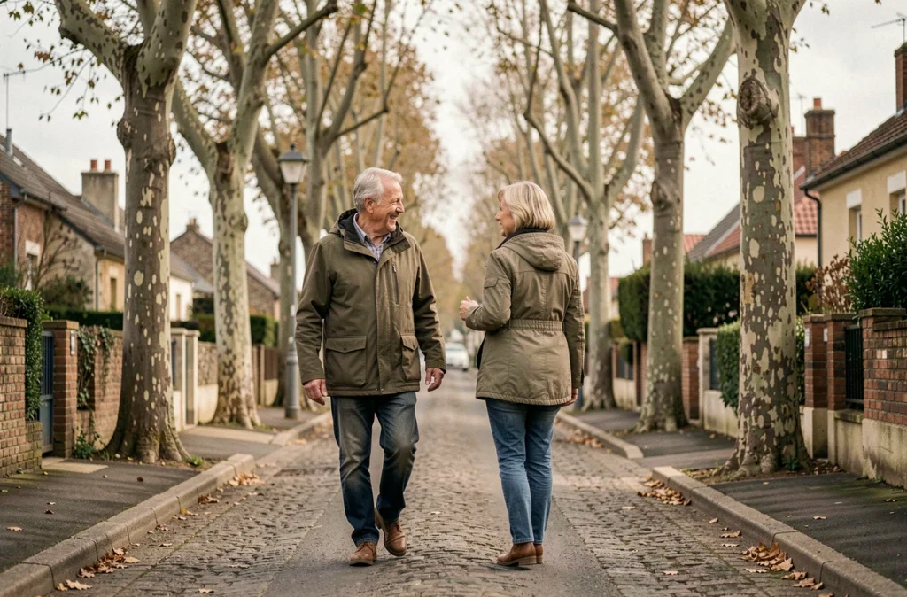 Couple de seniors en promenade dans un quartier résidentiel, marche quotidienne et santé mentale