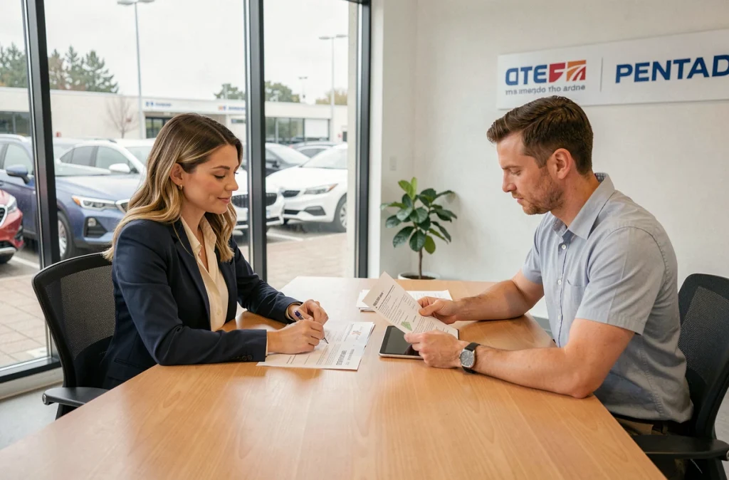 Femme en train de signer des documents de revente d'une voiture d'occasion chez un concessionnaire
