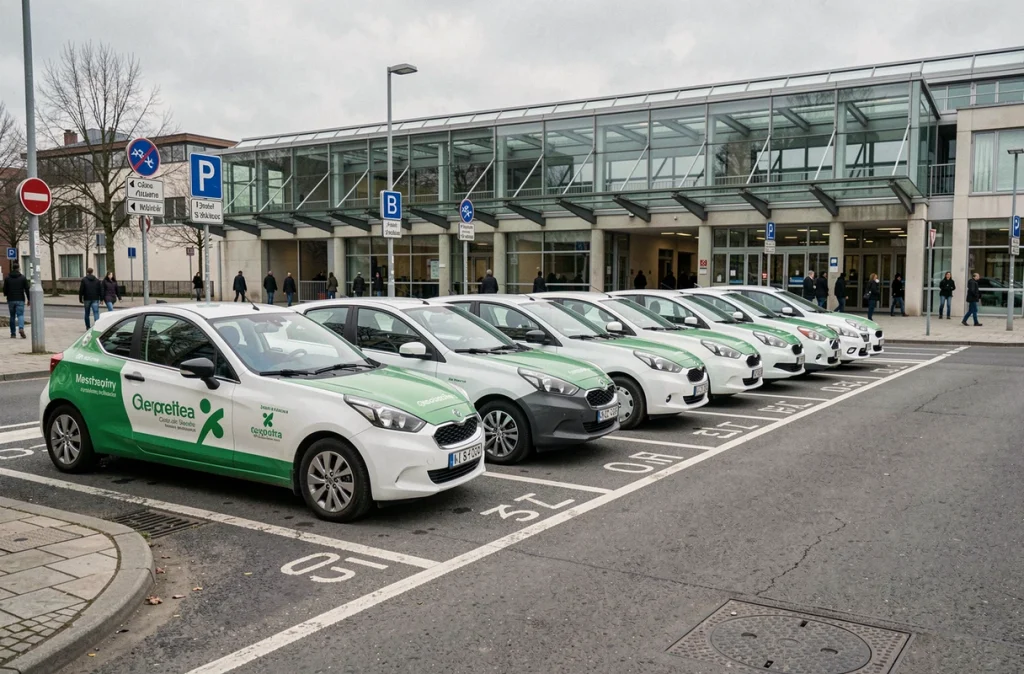 Station d'autopartage avec rangée de voitures partagées garées près d'une entrée de métro en ville