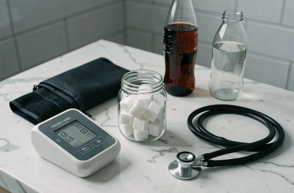 Tensiomètre, stéthoscope et sucre sur un comptoir en marbre symbolisant le lien entre consommation de sucre et risques cardiovasculaires