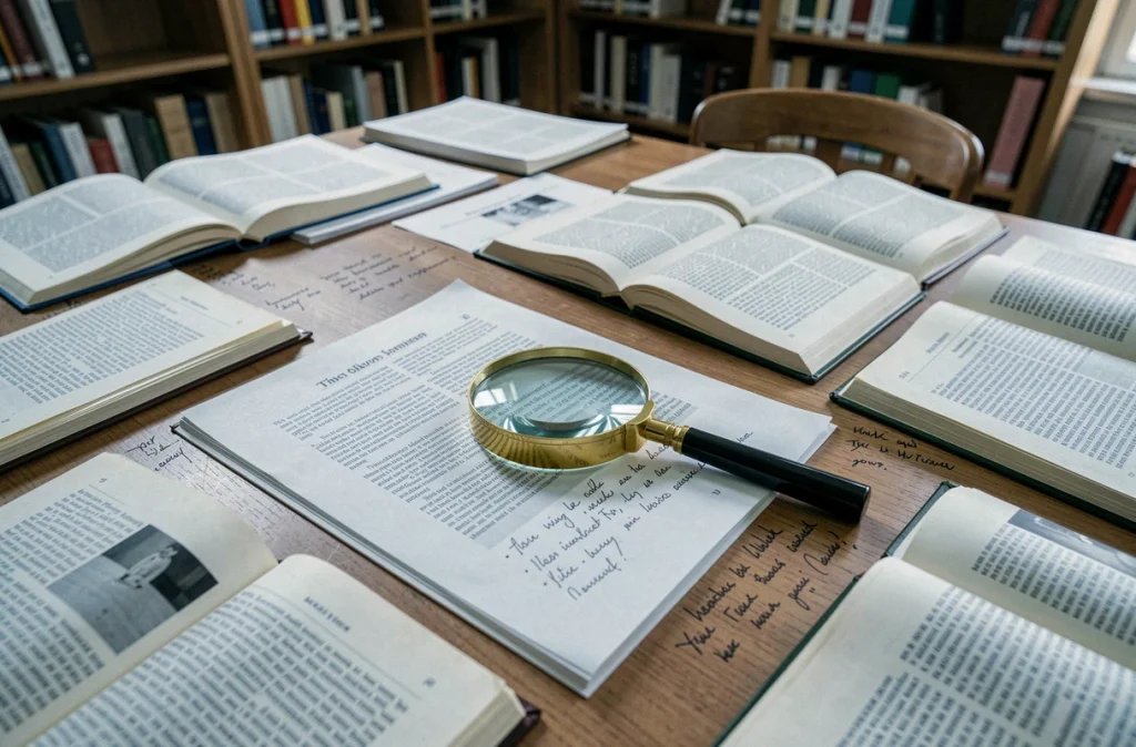 Table de recherche couverte de documents, articles imprimés et notes manuscrites pour une enquête journalistique