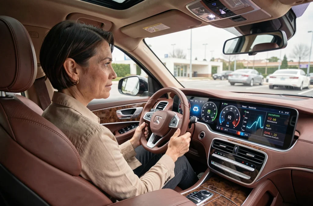 Femme au volant d'un SUV de luxe consultant un tableau de bord numérique avec monitoring de santé biométrique